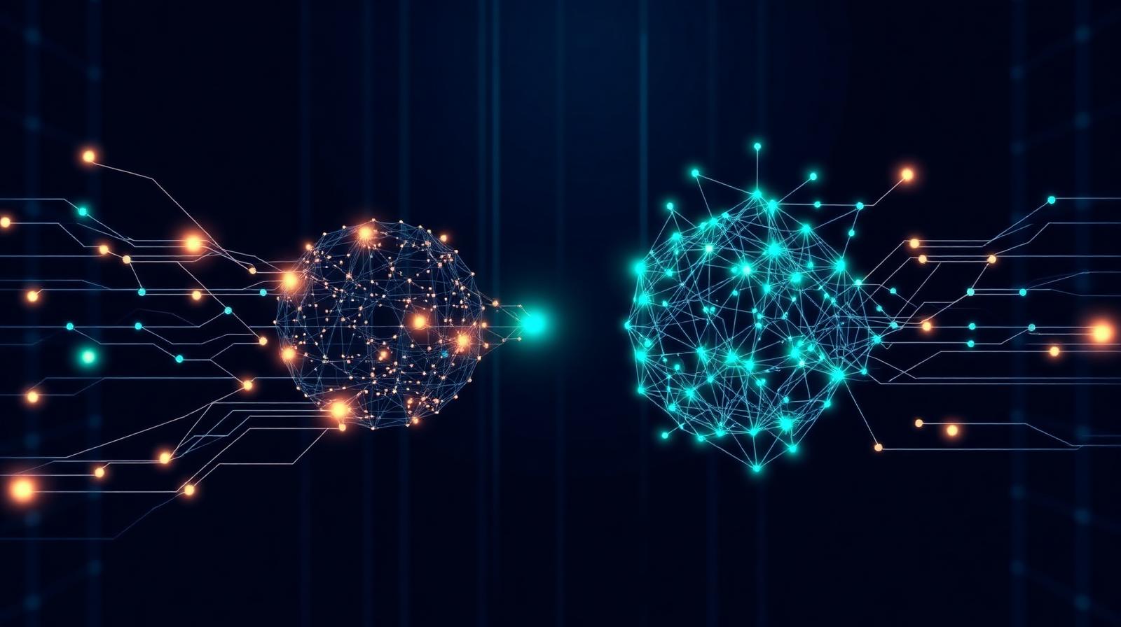 Two contrasting glowing data networks representing query engines and intelligence systems