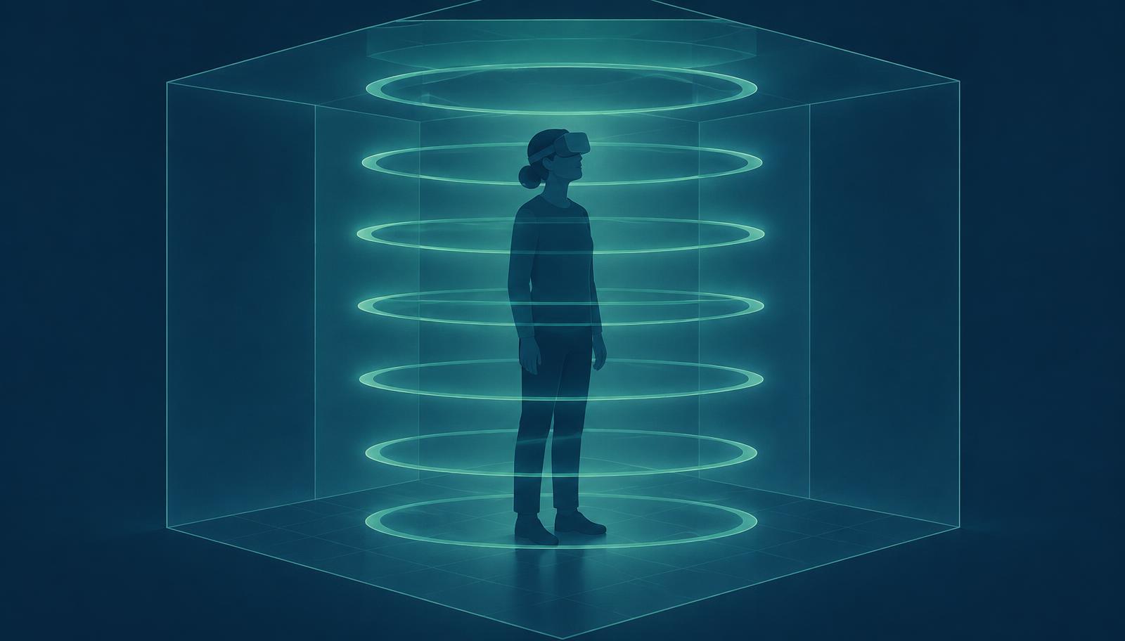 Person wearing a VR headset inside a wireframe room surrounded by eight measurement rings