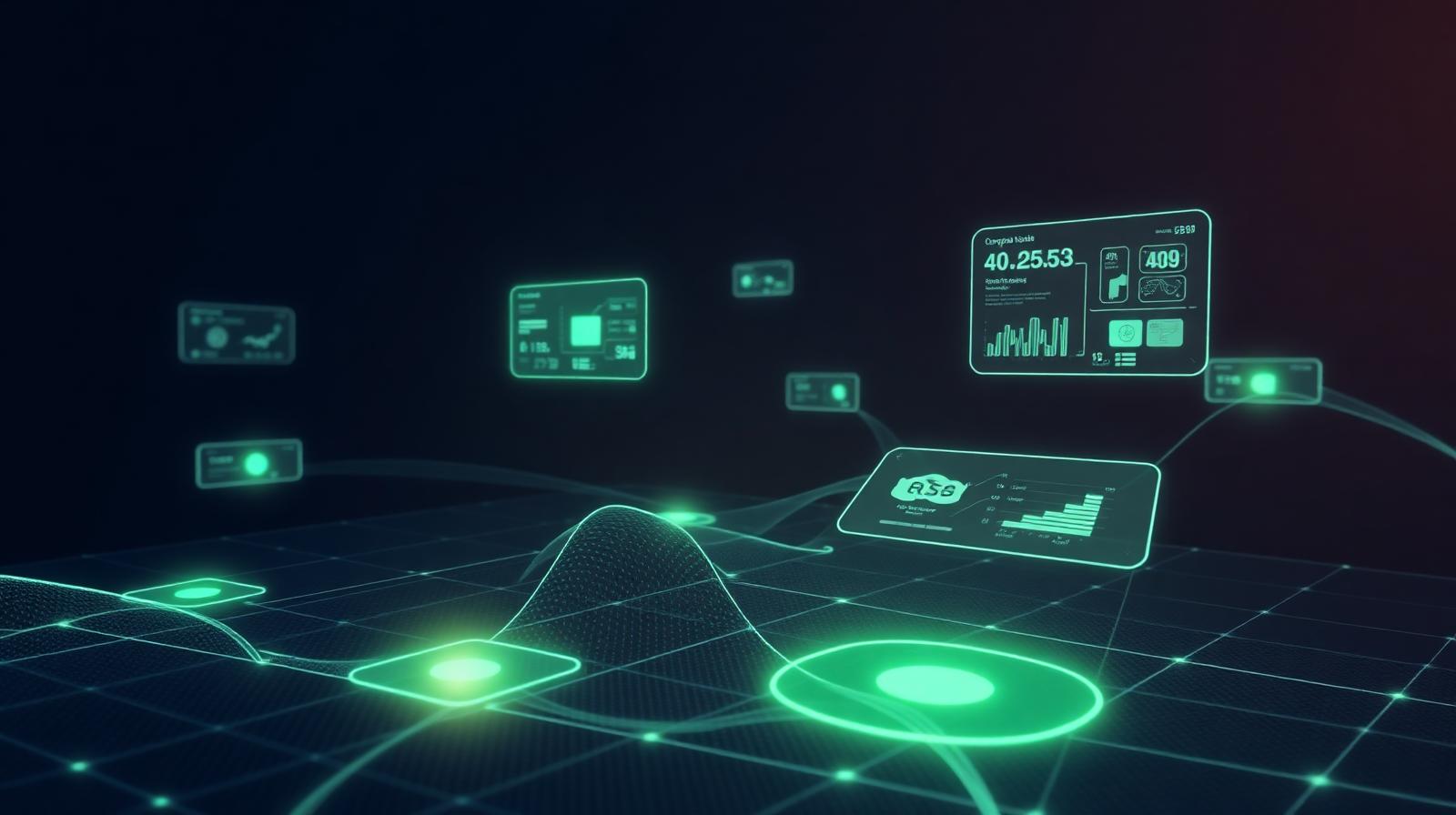 Wireframe spatial mesh with floating holographic dashboards above a glowing grid