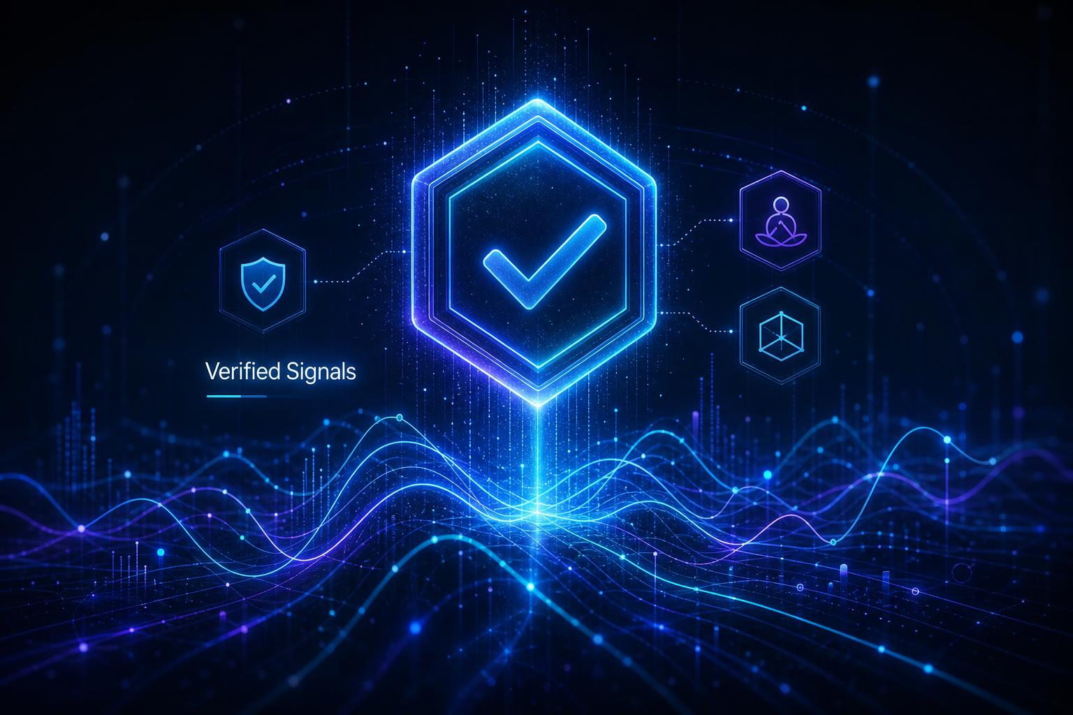 Glowing verified hexagonal badge rising from telemetry chart lines on a dark navy XR analytics background