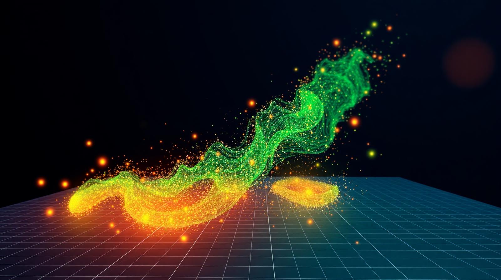 Distorted glowing 3D heatmap hovering over a wireframe room