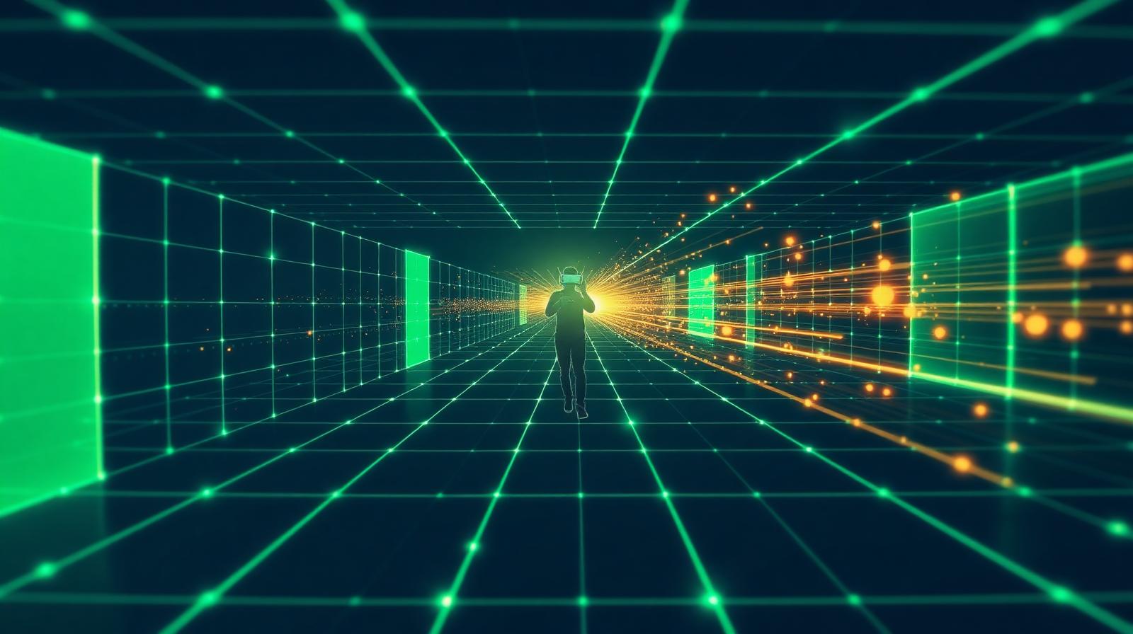 VR player silhouette walking through a glowing wireframe corridor with motion trails
