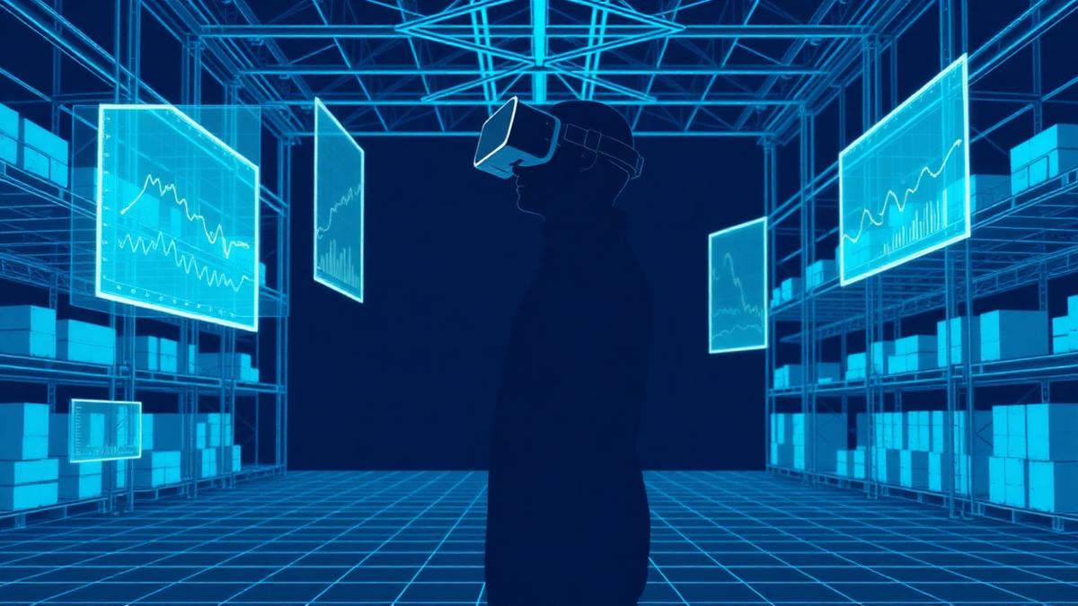 VR training operator inside a wireframe warehouse scene surrounded by performance, safety and ROI signal panels