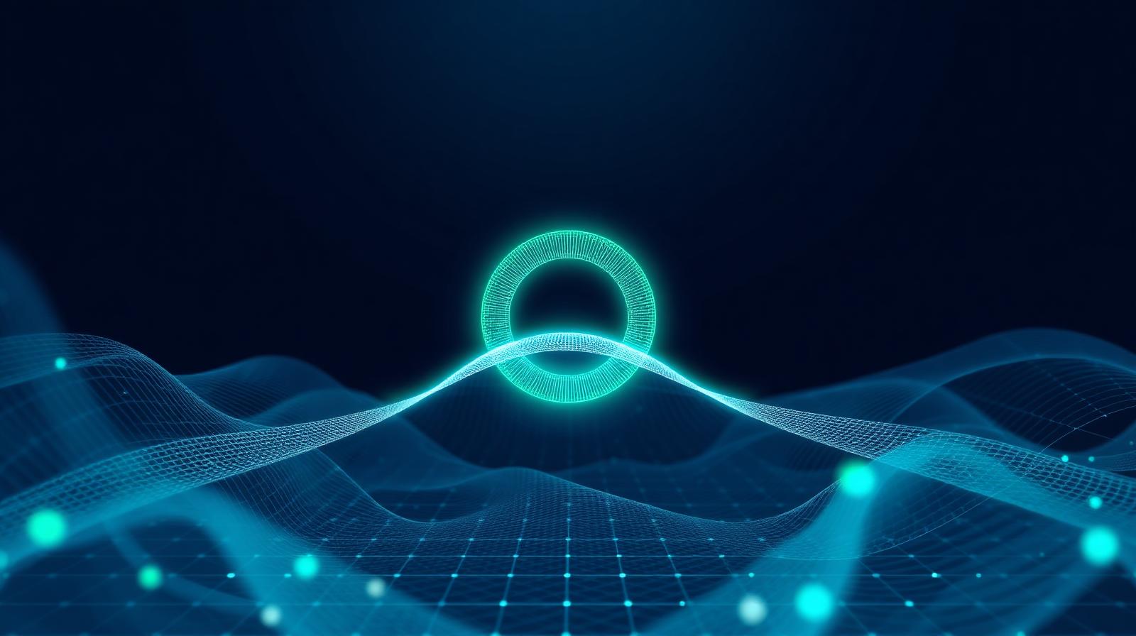 A clean glowing ring rising above a calm wireframe data wave
