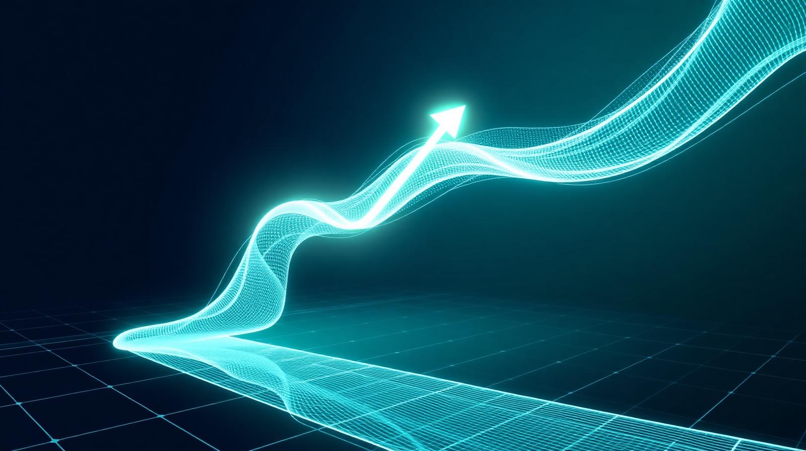 Glowing data wave converging into an upward decision arrow