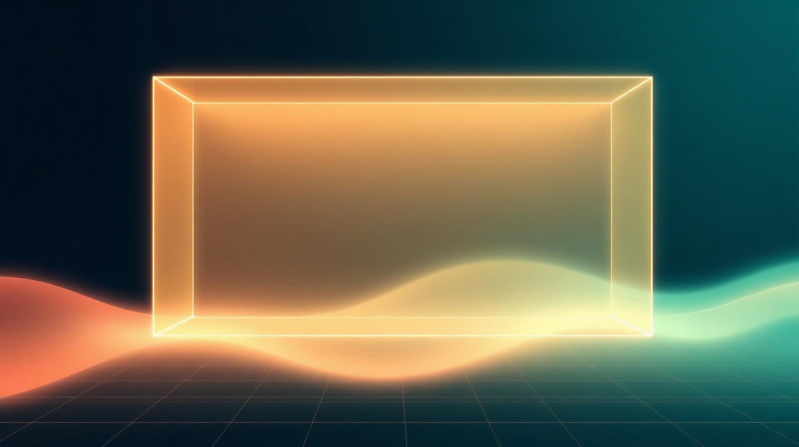 A flat glowing rectangle dissolving over a wireframe spatial floor