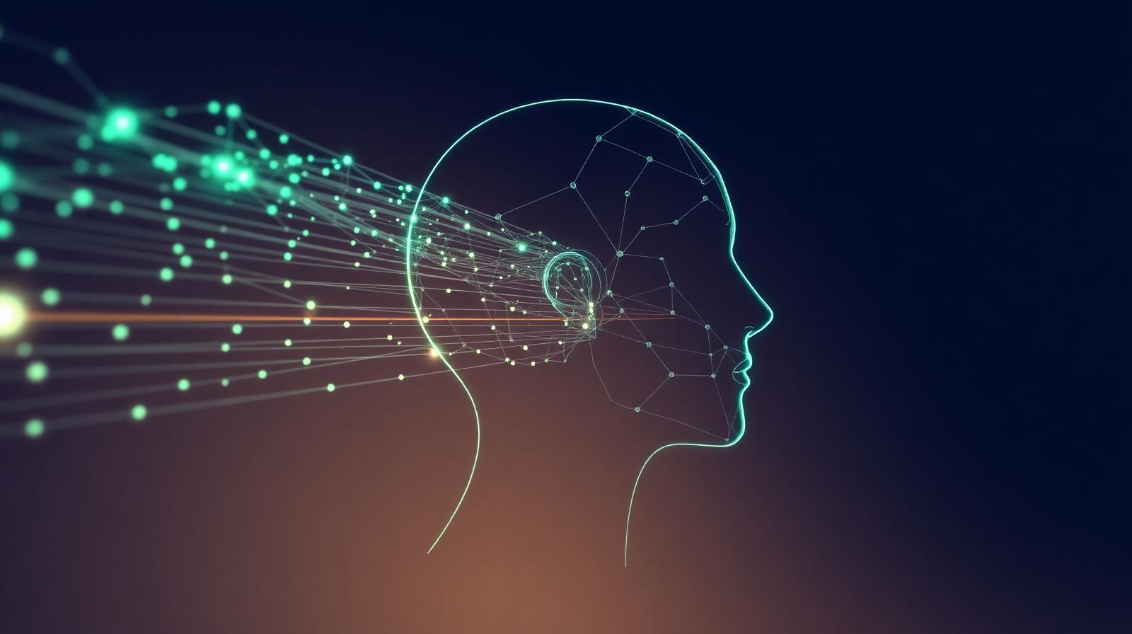Wireframe head silhouette with glowing predictive data points extending outward