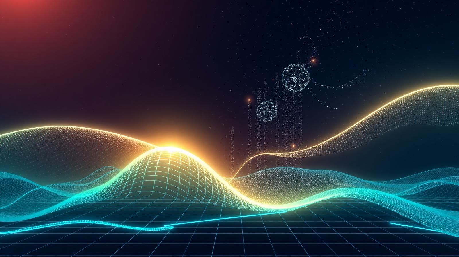 Glowing wireframe data wave rising over a starry futuristic horizon