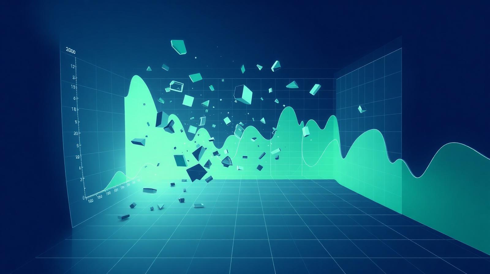 A flat 2D analytics chart shattering into 3D fragments inside a virtual room