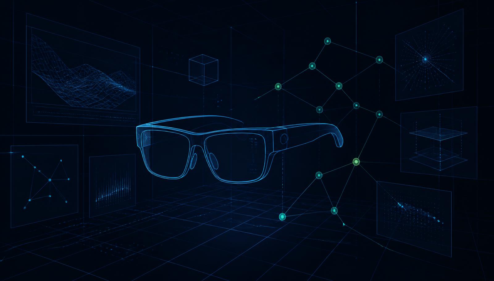 Wireframe smart glasses floating over a cyan spatial grid surrounded by XR analytics panels and a decision graph