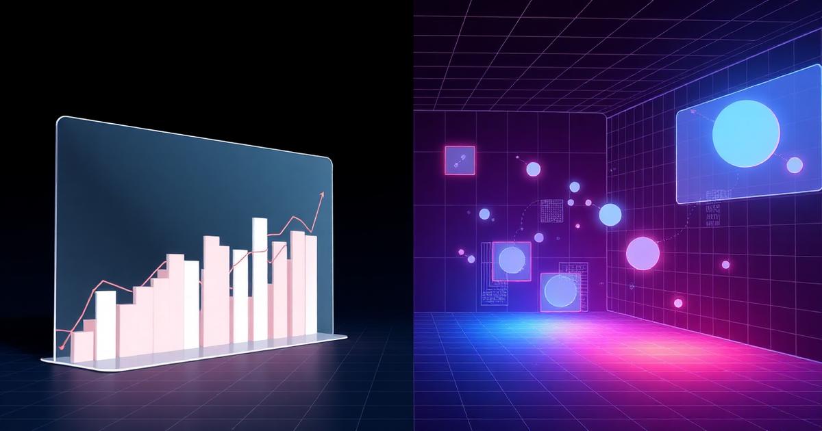 Split editorial illustration: a flat 2D funnel chart on the left dissolving into glowing 3D spatial heatmaps, gaze trails and floating volumetric data on the right, over a dark navy wireframe room.