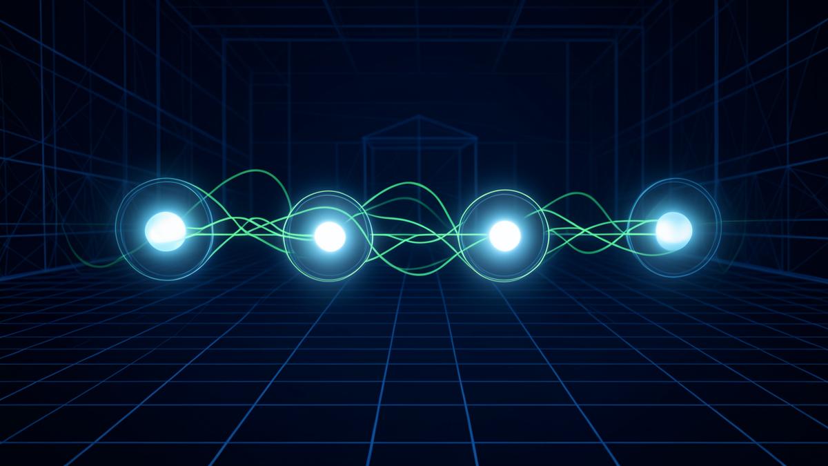 Four connected luminous nodes over a spatial grid, illustrating the Behavior to Signals to Insights to Decisions framework