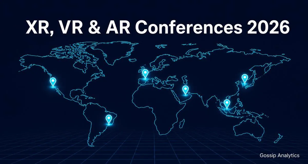 Global map showing XR, VR and AR conference regions for 2026: USA, Europe, Asia, Dubai-Qatar and LatAm
