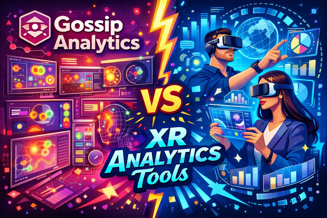 Comparison table showing how gossip analytics differs from typical XR analytics tools across data model, interpretation, AI use, and pricing