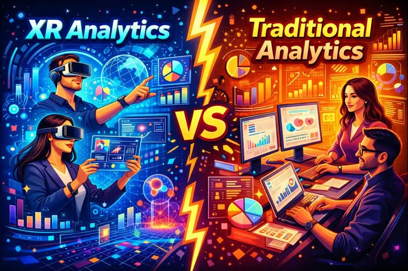 Comparison diagram showing traditional 2D analytics metrics versus XR spatial analytics measuring movement, gaze and proximity